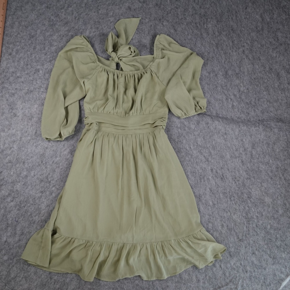 Dokotoo Dress Women Small Green Tie Back Ruffle Smocked Puff Sleeve Mini Chiffon